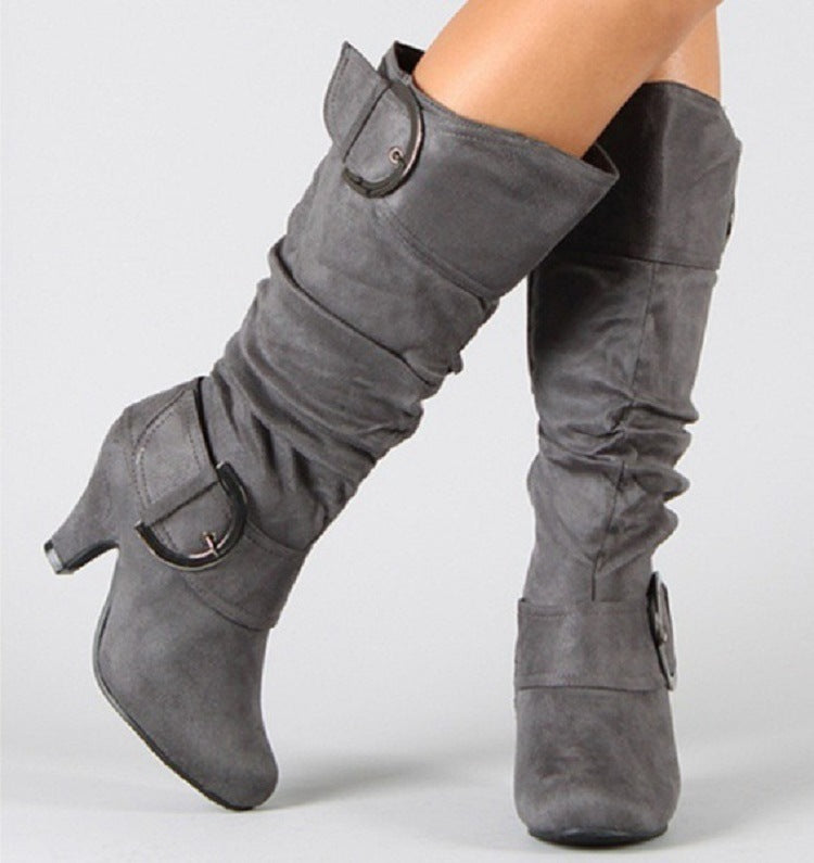 Buckle pleated knee-high boots Fall Winter 2022 suede comfort design heeled boots Plus size women's boots