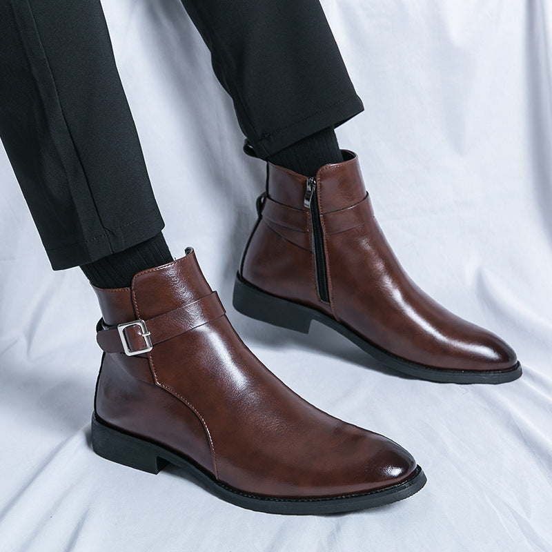 Cross-border exclusive for plus size Chelsea boots men's British style fashion high-top leather shoes side zipper mid-top Martin boots gentleman