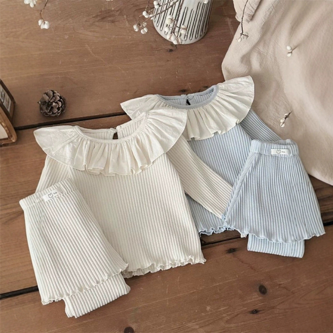 INS Spring and Autumn Infant Pit Strip Ruffle Collar Long-sleeved Top + Culot Two-Piece Sweet Set for Baby Girl