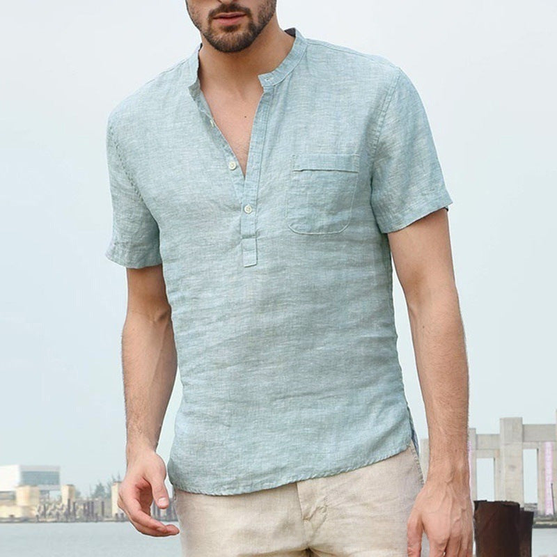 European and American hot sale men's solid color stand-up collar semi-open thin short-sleeved shirt tops foreign trade men's clothing