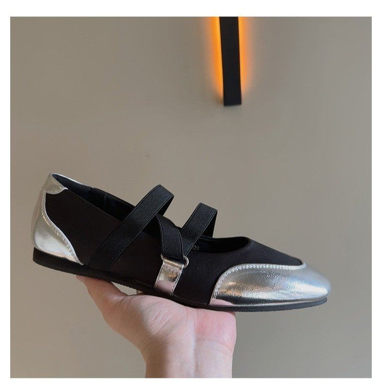 Flat Shoes Women's Square Toe 2025 New Spring Pumps Mary Jane Ballet Shoes with Elastic Band Silver Soft Soled Singles
