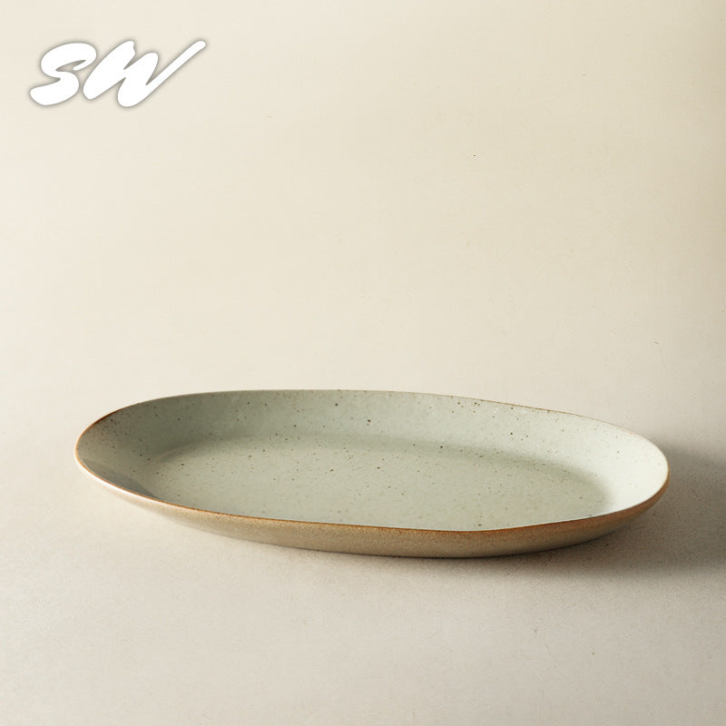 Sanmist Vintage Flat Plate Ceramic Oval Plate Creative Home Premium Vegetable Plate Fish Plate Restaurant Steak Tableware