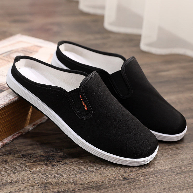 Old Beijing cloth slippers men's casual breathable and comfortable soft-soled canvas shoes, one-footed heelless toe toe half-support men's shoes