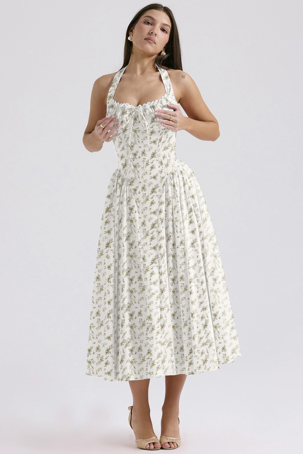 2025 New Summer Slim Slip Long Skirt European and American style fashion print halterneck lace dress