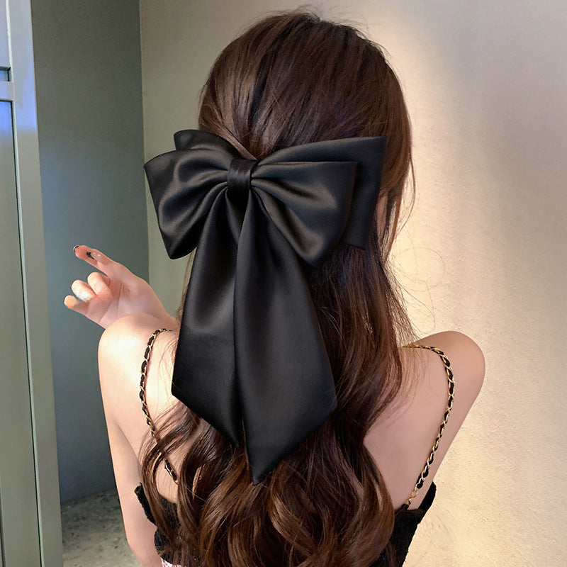 Satin big bow headdress, spring clip, high-quality black back of the head hairpin, hair ornament, hipster girl