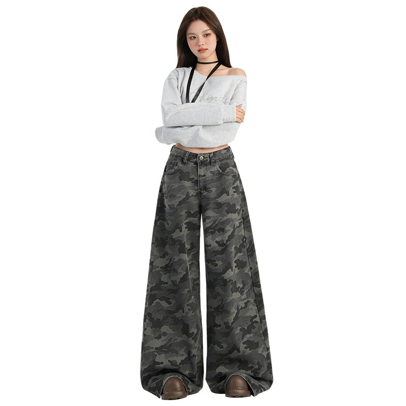 Orange silk women's american babes camouflage high waist wide leg slacks women's summer new high street slim mop pants