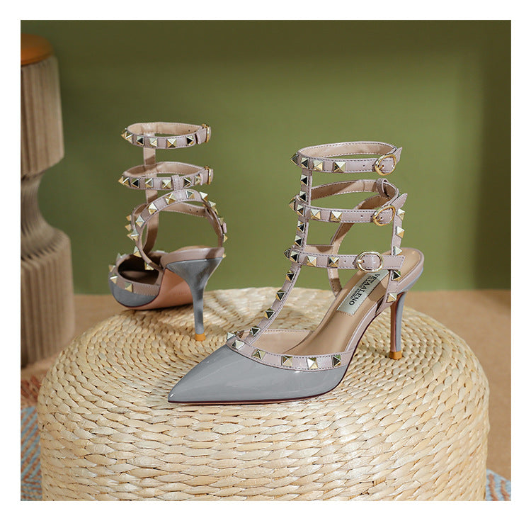 High version studded pointed-toe high heels summer 2025 European and American sexy willow ding stiletto heel three-ring strappy sandals women