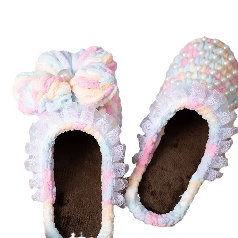 Hand-crocheted puff flower slippers crystal sole slippers anti-slip ice strip wool pearl crystal sole material bag
