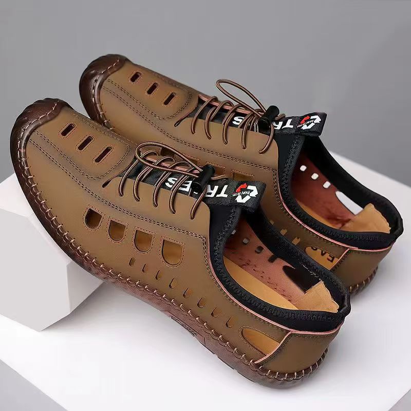 Sandals summer men's summer breathable soft leather soft-soled casual leather shoes men's cave beach toe toe online dad shoes