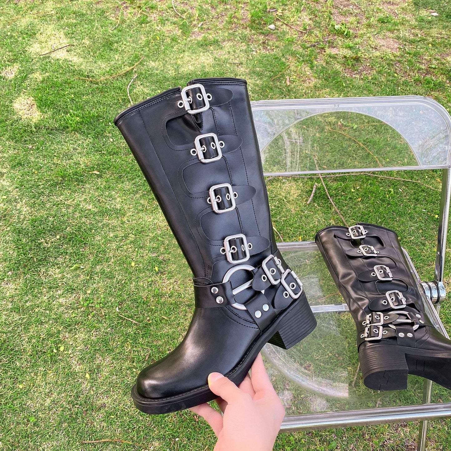 Belt buckle vintage high boots fashion boots women's boots wholesale new boots block heel western boots increase height leather boots