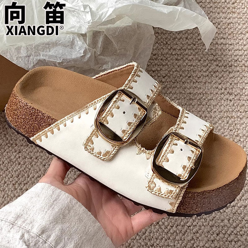 Cowhide version of Birkenstock slippers women's summer can be worn with retro belt buckle slippers, casual beach open-toe sandals