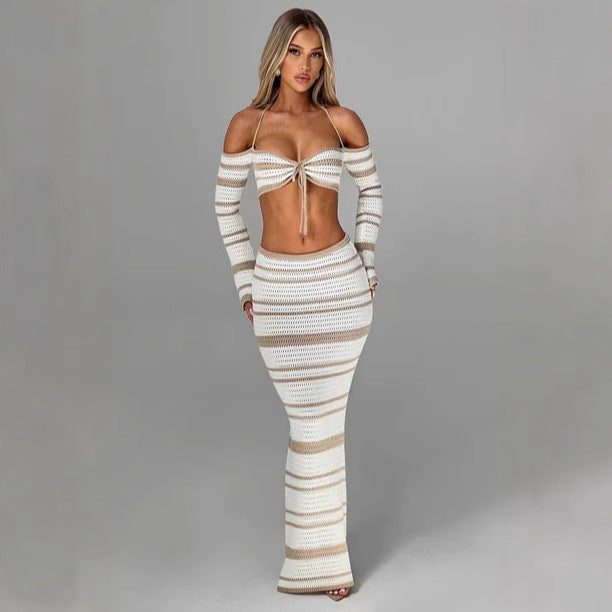 2025 New European and American Cross-border Babes Women's Suit Summer Stripe Long Sleeve Halterneck Top Skirt Two-Piece Women's