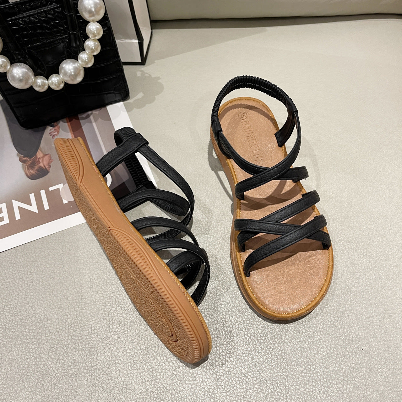 Upgraded new roman sandals women's flat elastic band soft soled summer sandals women's crossover strap wear sandals