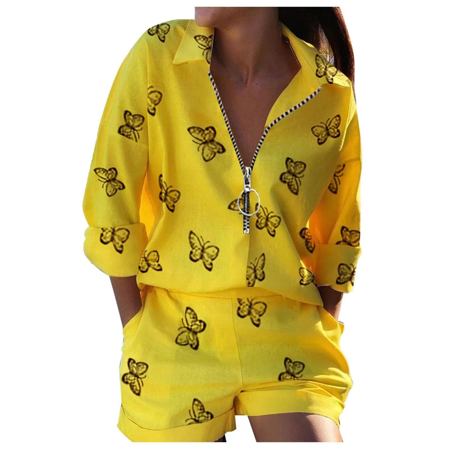 2023 European and American Amazon cross-border e-commerce independent station new women's printed zipper shirt shorts set
