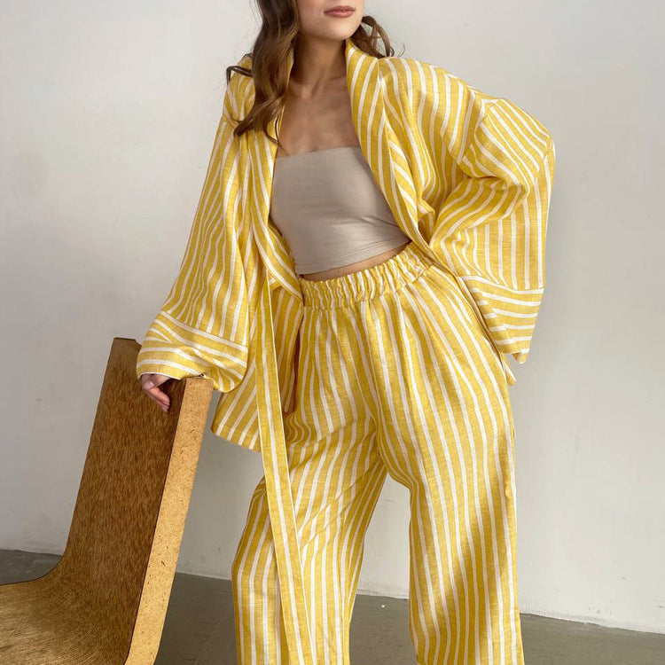 European and American women's clothing 2025 autumn new striped long sleeve loose lace-up top, high waist trousers, fashion casual suit