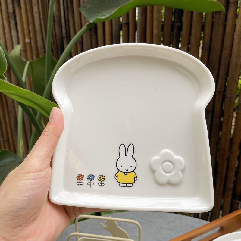 Soft and cute healing Miffy rabbit toast plate, cute rabbit toast shape ceramic plate, small flower flower Japanese dessert plate
