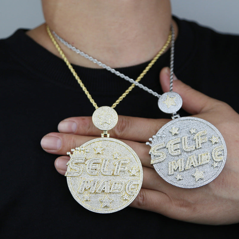 Amazon three alloy SELFMADE letter round pendants European and American trend inlaid zircon men's necklace wholesale