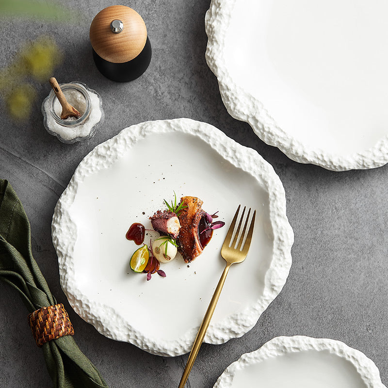 Quality and creative white porcelain private dish plate hotel restaurant stone texture edge characteristic ceramic Internet celebrity tableware