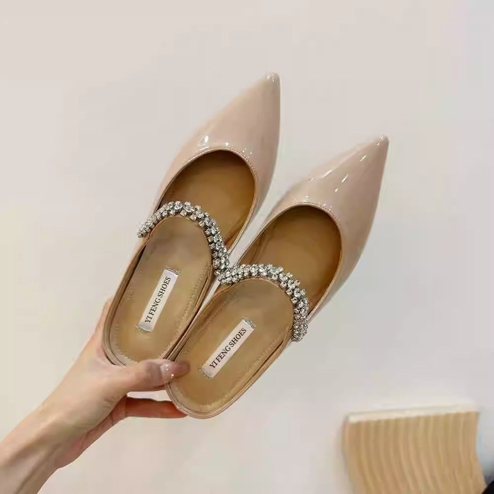 Lambskin ~ 5CM inner height increase half slippers women's summer wear pointed toe rhinestone silver mules toe toe sandals women