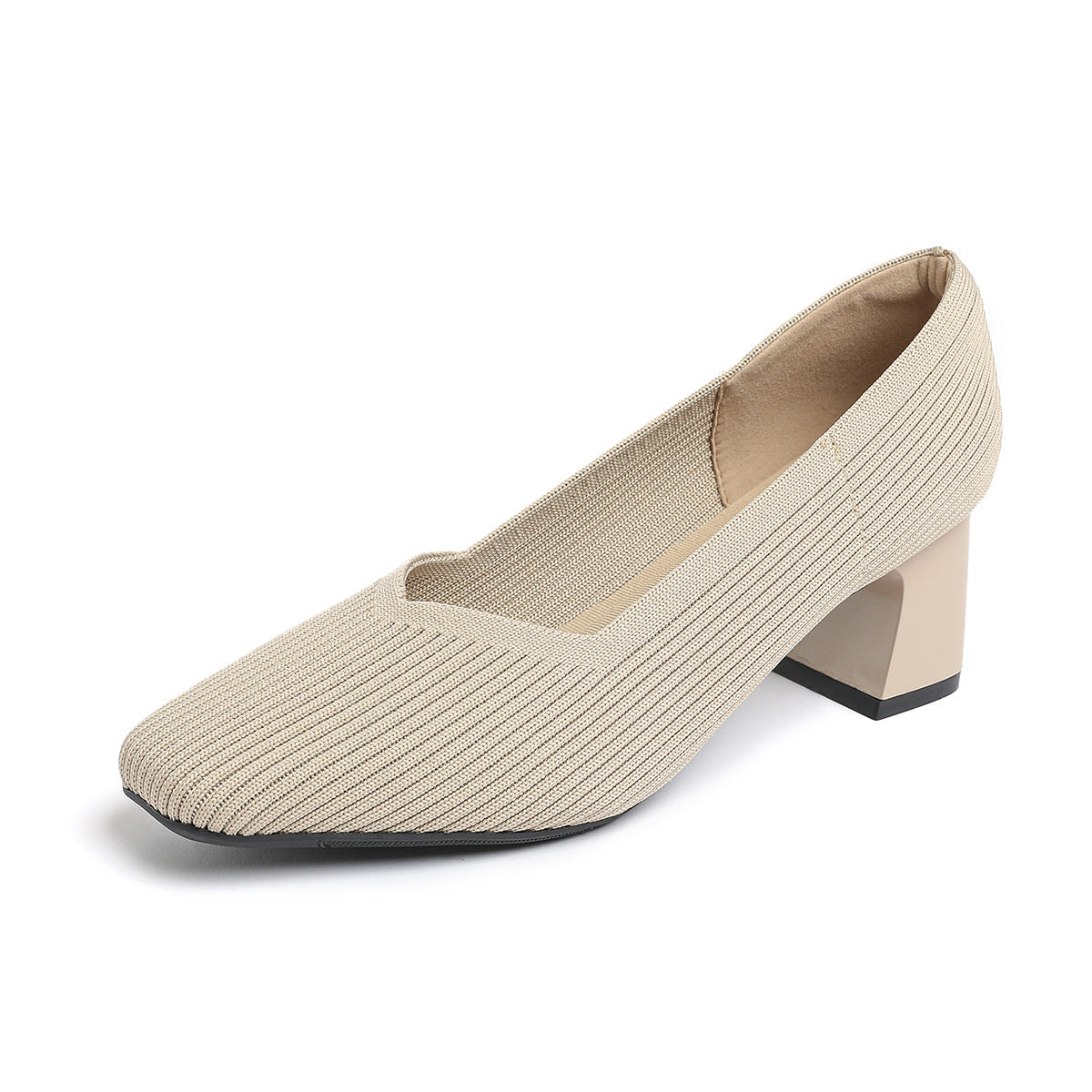 Japanese princess single shoes, women's square toe, thick heels, flying knitted shoes, comfortable and breathable, commuter high heels, breathable and versatile style