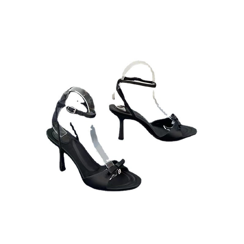 French satin high heels sandals women's summer 2023 new niche high-end sense of one line with thin heel open-toe sandals women