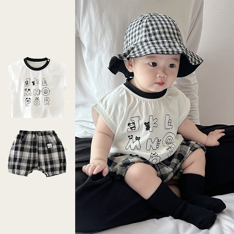 Summer T-shirt two-piece set men's treasure handsome men's and women's children's clothing alphabet plaid shorts set cotton kids short sleeves