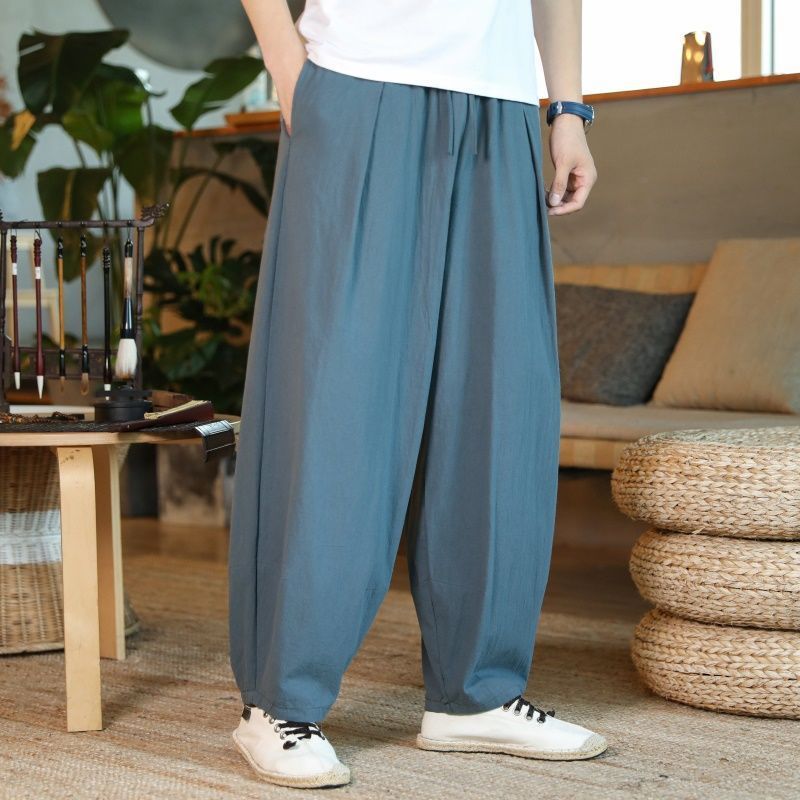 Chinese style cotton and linen male pants summer thin section retro lantern pants loose wide leg trousers men linen casual pants