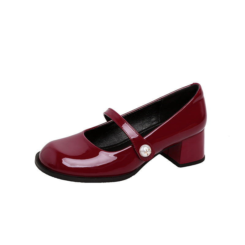 Su Yinyin's Barbie ~ Korean round toe pearl red block heel single shoes Mary Jane shoes women's small leather shoes