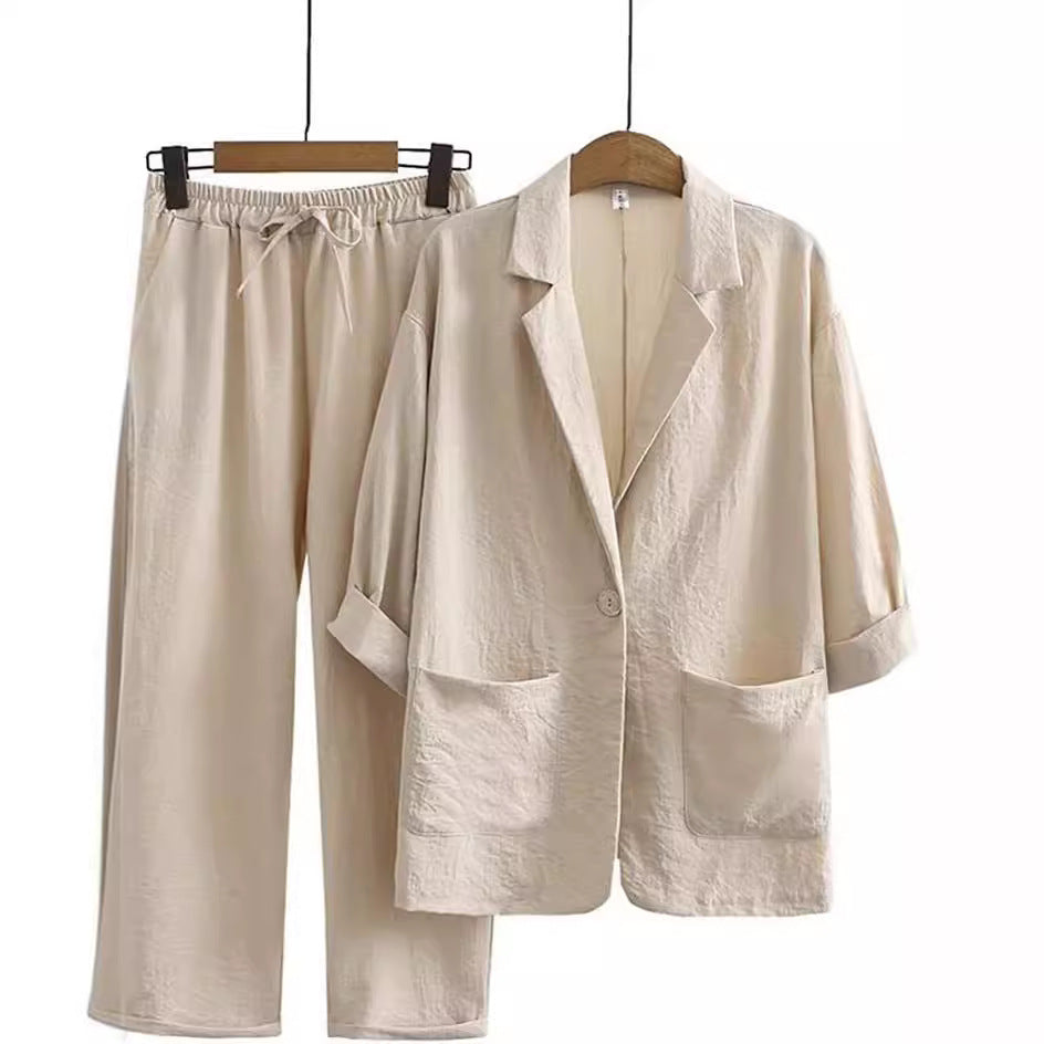 2025 European and American New Women's Autumn Commuter Suits Cotton and Linen Jacket Pants Pockets Loose Fashion Casual Wear