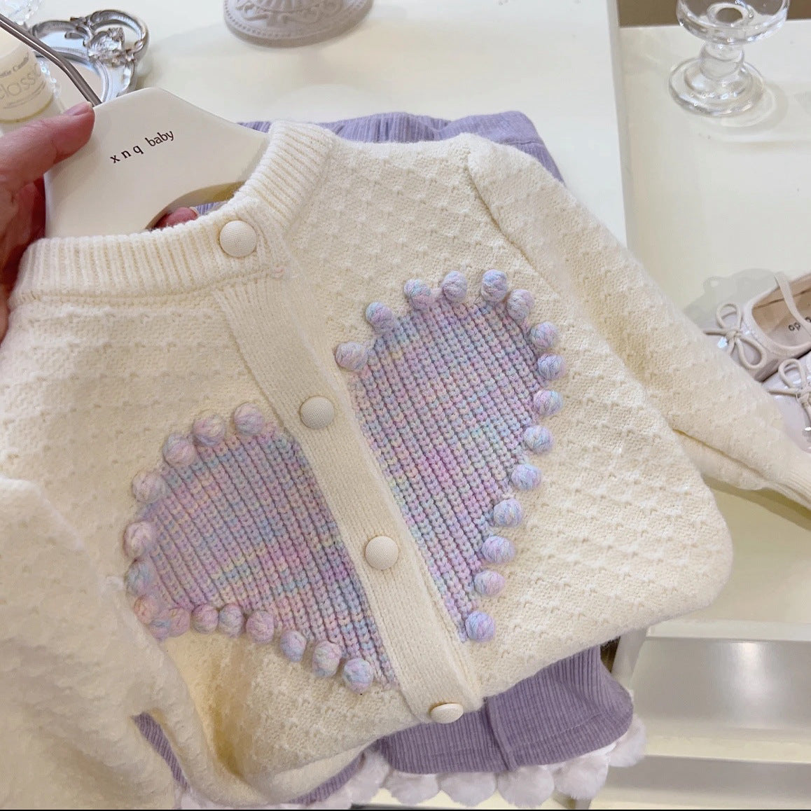 Girls' winter two-piece suit, new Korean fashion baby cardigan, knitted autumn and winter sweater, jacket and fleece trousers