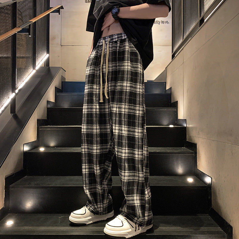 Handsome plaid pants men's summer Japanese lazy retro loose large size trendy brand casual sports wide-leg mop pants