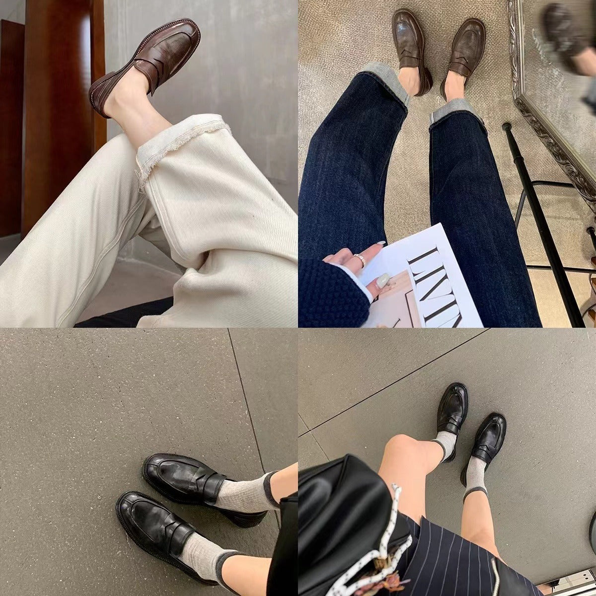 Cowhide version ~ soft retro slip-on leather loafers, women's block heel, British style small leather shoes, oxford shoes, single shoes