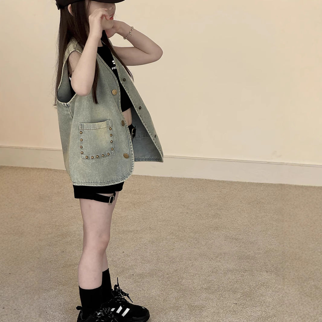 No refund or exchange Girls' summer thin studded vest denim jacket Children's Korean version mid-length sleeveless vest