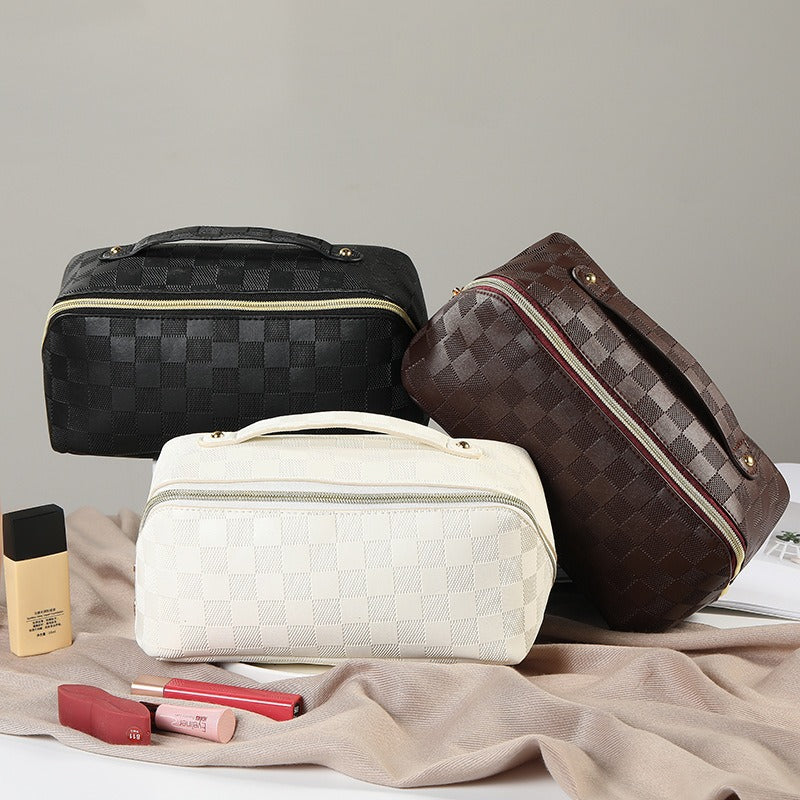Cross-border hot PU leather cosmetic bag multi-functional checkerboard pillow bag large capacity waterproof travel portable toiletry bag