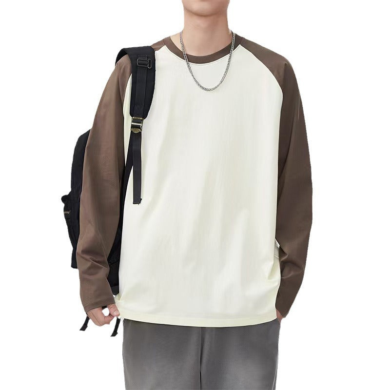 Heavy raglan cotton long sleeve t-shirt men's American contrasting stitching base layer shirt loose crew neck unisex long-sleeved T