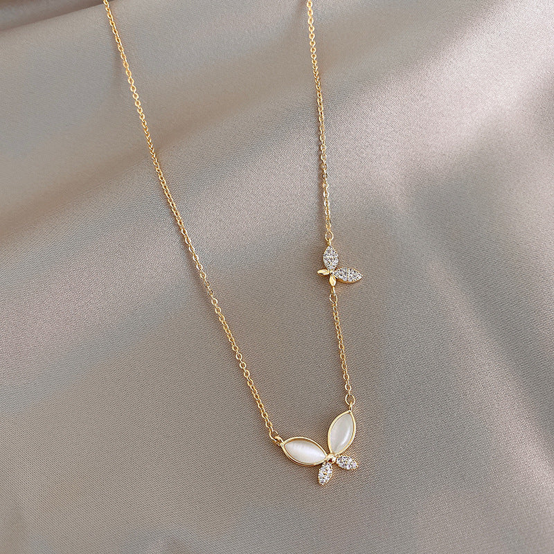Diamond-encrusted opal butterfly necklace women's 2024 new light luxury niche simple clavicle chain temperament cold style accessories