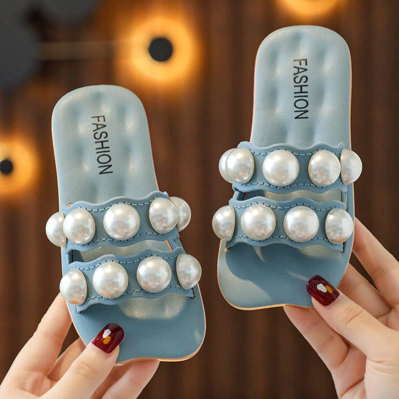 Children's parent-child slippers are worn outdoors in summer, indoor fashion, big pearls, fairy style, soft soles, girls' home, four seasons sandals