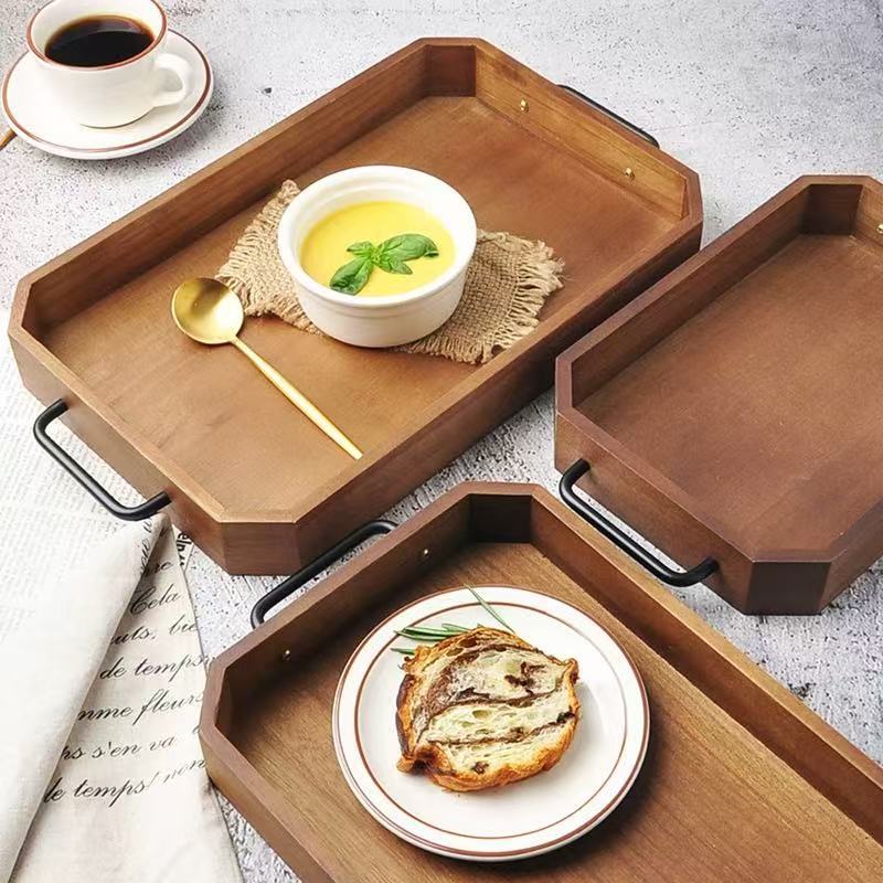 Vintage Rectangular Solid Wood Tray Iron Handle Home Afternoon Tea Snack Plate Coffee Plate Bread Fruit Display Plate