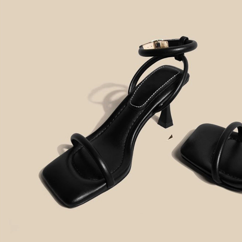 It's so soft ~ stepping on, square toe, open toe, strap, fashion, stiletto sandals, women's summer, white high heels, Roman shoes
