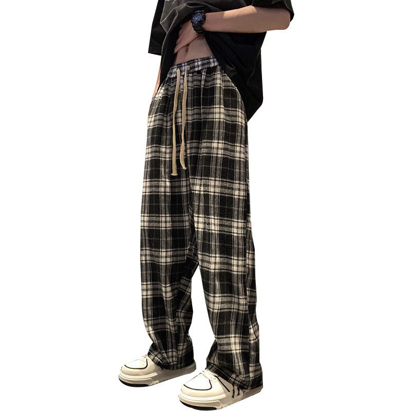 Handsome plaid pants men's summer Japanese lazy retro loose large size trendy brand casual sports wide-leg mop pants