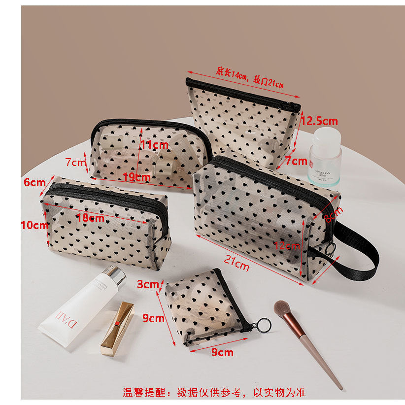 ins Japanese Korean girl heart flocking love mesh cosmetic bag transparent travel storage bag portable lipstick bag wholesale