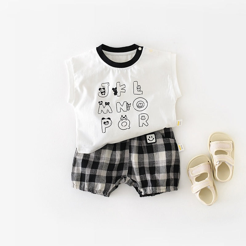 Summer T-shirt two-piece set men's treasure handsome men's and women's children's clothing alphabet plaid shorts set cotton kids short sleeves
