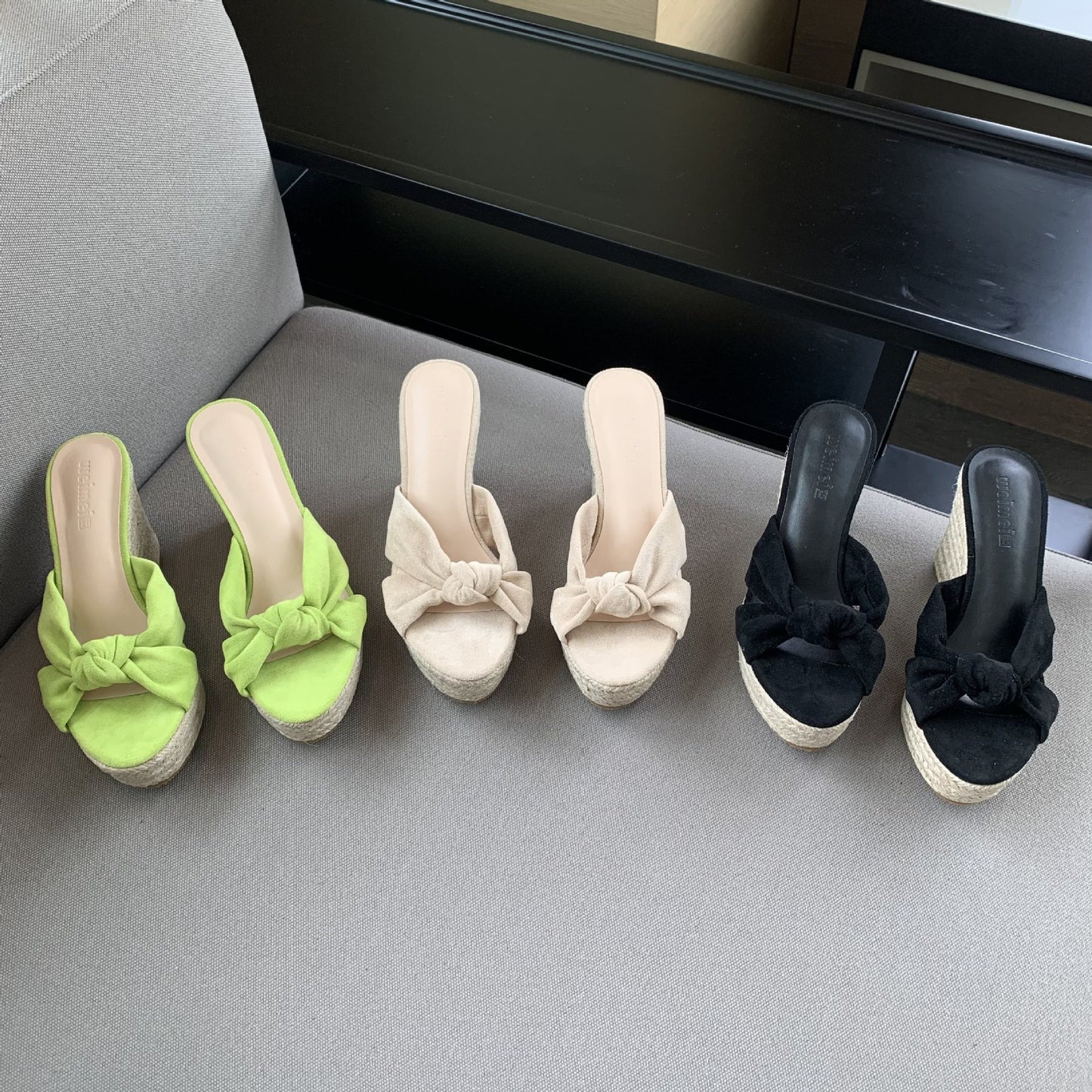 Wedge sandals, woven hemp rope, versatile, suede, solid color strap, stitched slippers women