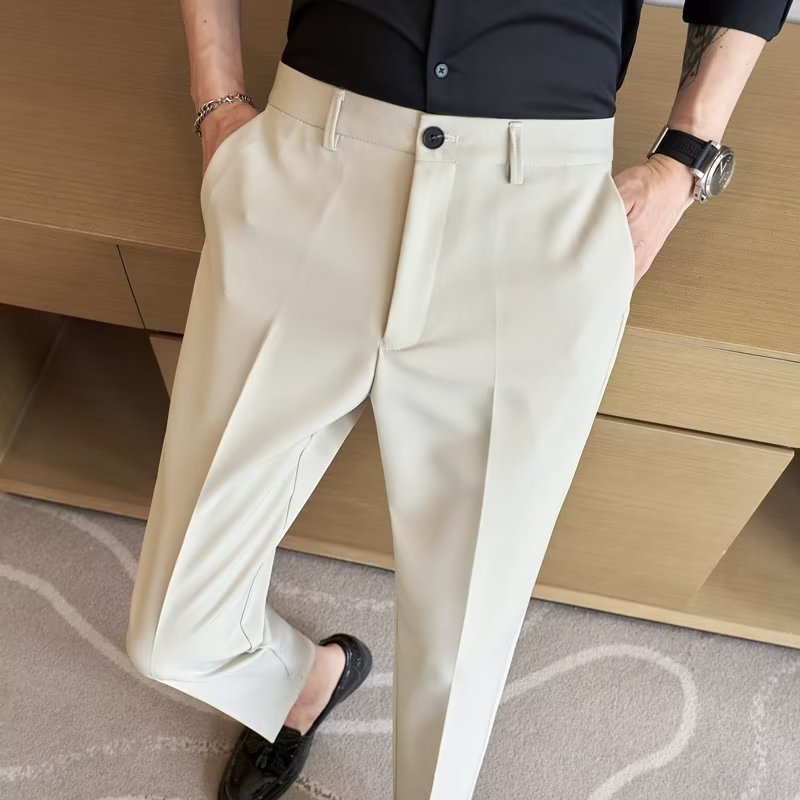 Foreign trade cut label small suit pants men's cropped slim straight slacks, ice silk men's drape black suit pants