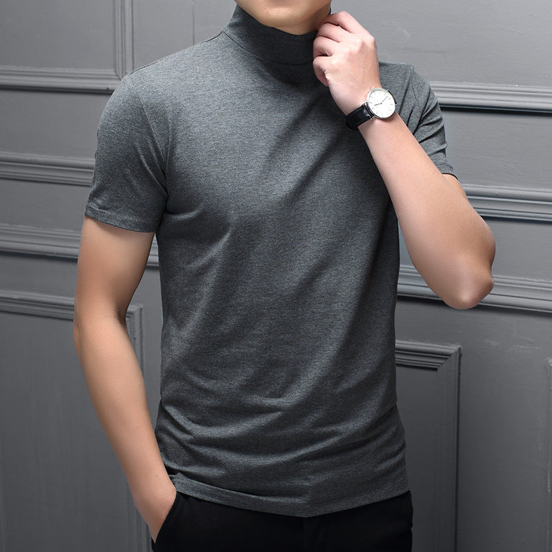 A drop-hair spring and summer men's half-high-neck milk silk short-sleeved slim T-shirt men's solid color high-neck trend base shirt