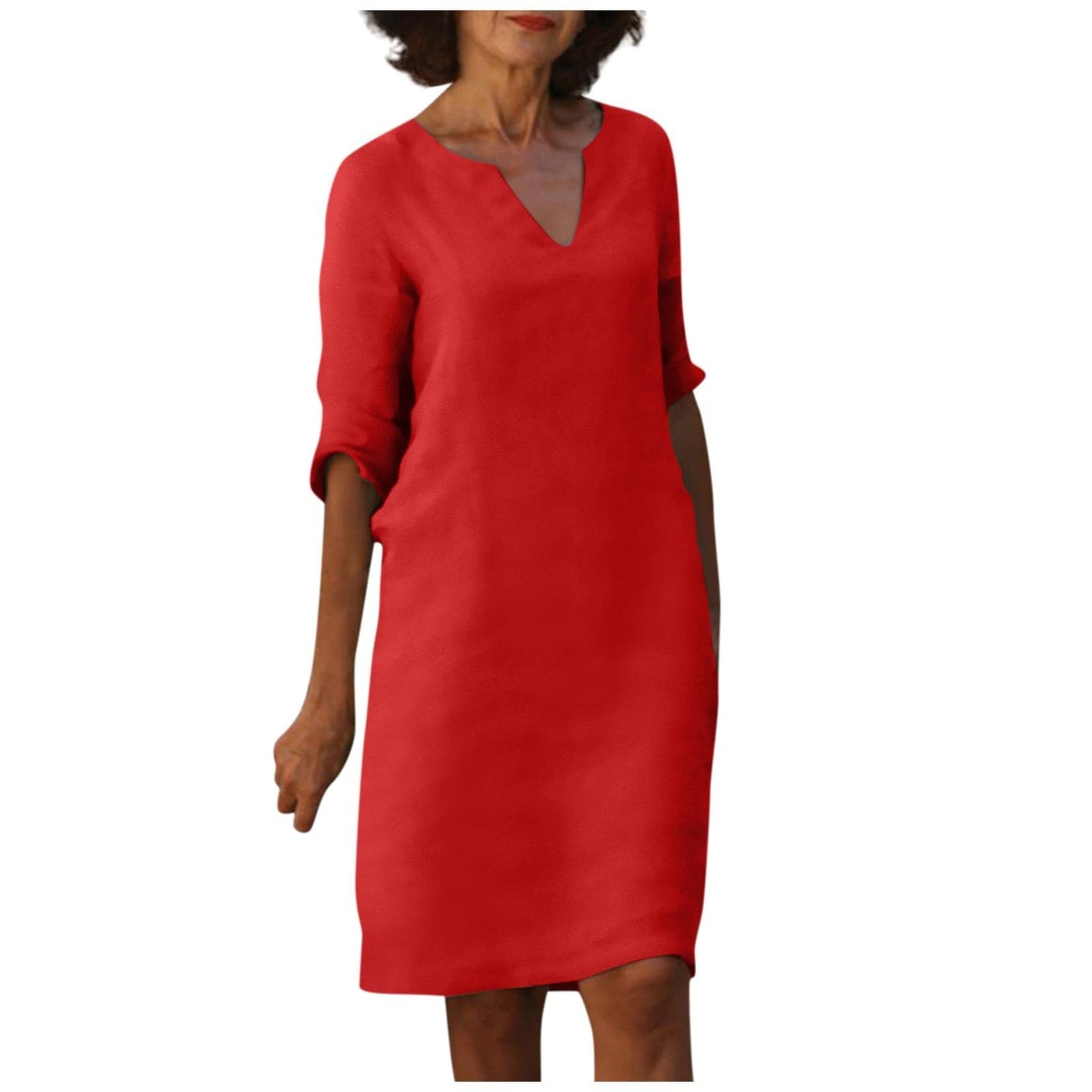 Amazon European and American cotton and linen V-neck stitching retro high-waisted solid color three-quarter sleeve dress cotton and linen wash crinkled fabric
