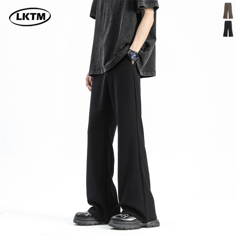 LKTM men's summer black slightly flared trousers, men's vibe, high-quality ice silk, loose draped slacks