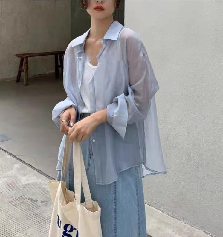 Yuejiaoer chiffon thin back slit shirt women's sunscreen shirt summer dress new versatile Han Fan fashion shirt tide