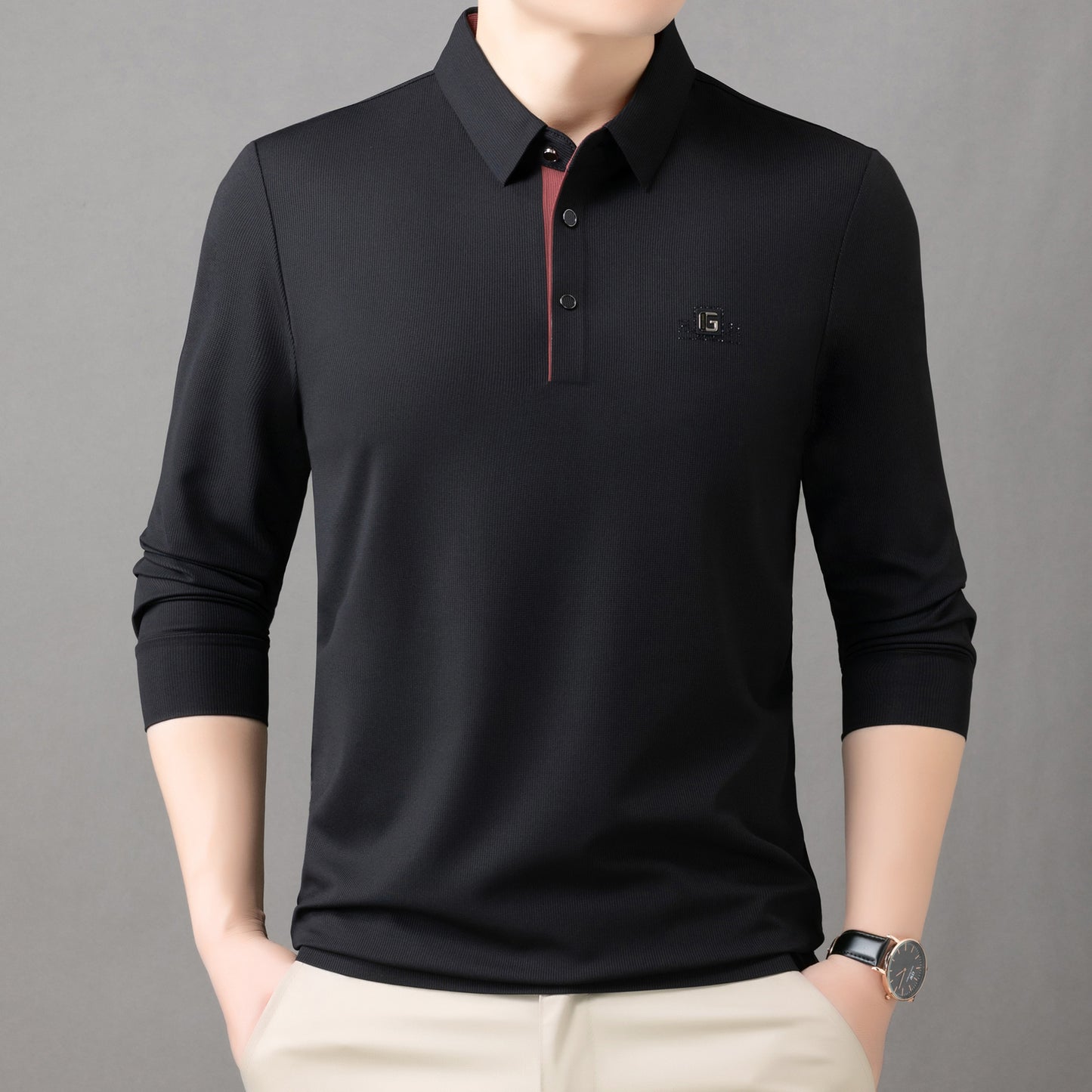 2025 Spring and Autumn Men's Polo Long Sleeve T-Shirt Simple Business Casual Loose Middle-Aged Dad Wear Top Base Shirt