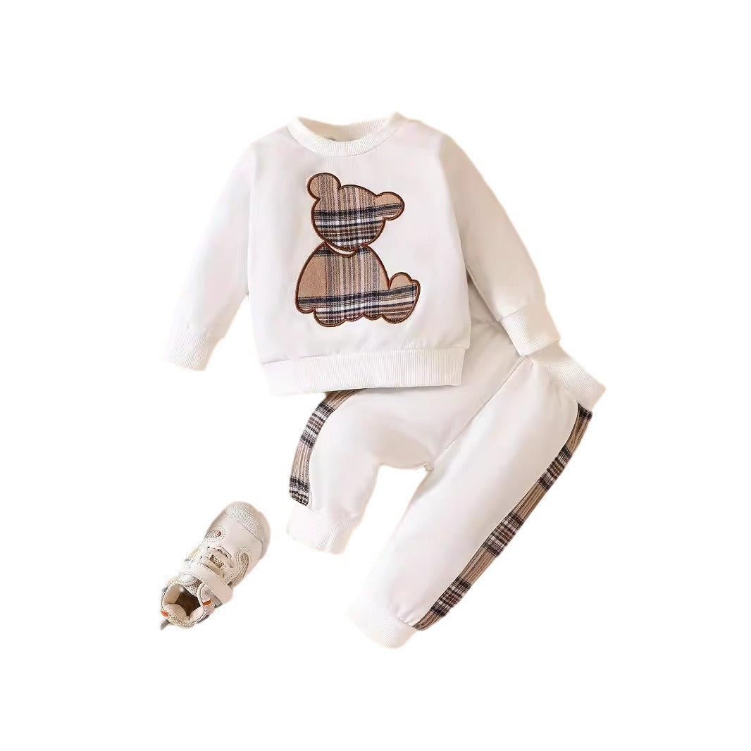 Cross-border INS Amazon 2024 new explosive baby plaid bear embroidered sweatshirt set fashionable